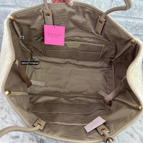 Kate Spade Everything Racing Stripe Faux Shearling Large Tote In Cream Multi - Picture 9 of 16